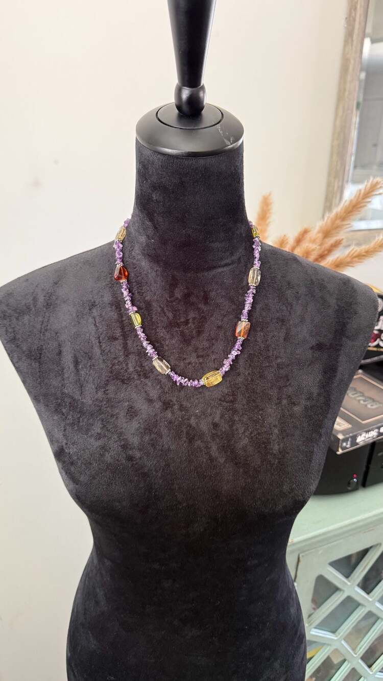 Amethyst Chip and Multi-Color Glass Bead Toggle Necklace